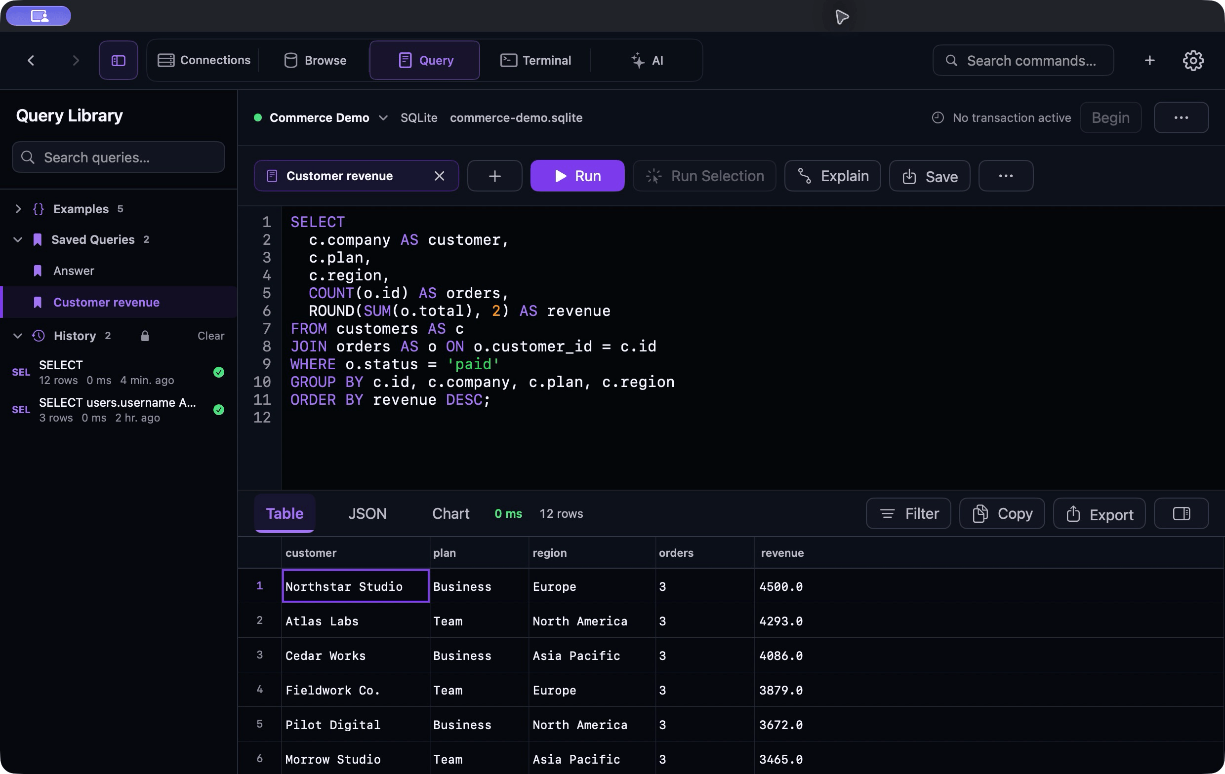 Datark on Mac, showing the Customer revenue SQL query and real results from the Commerce Demo database.